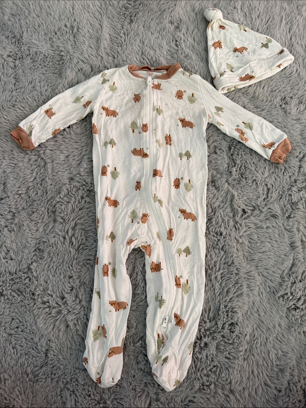 Bamboo - Cream Buffalo-Print Footed One-Piece with Hat